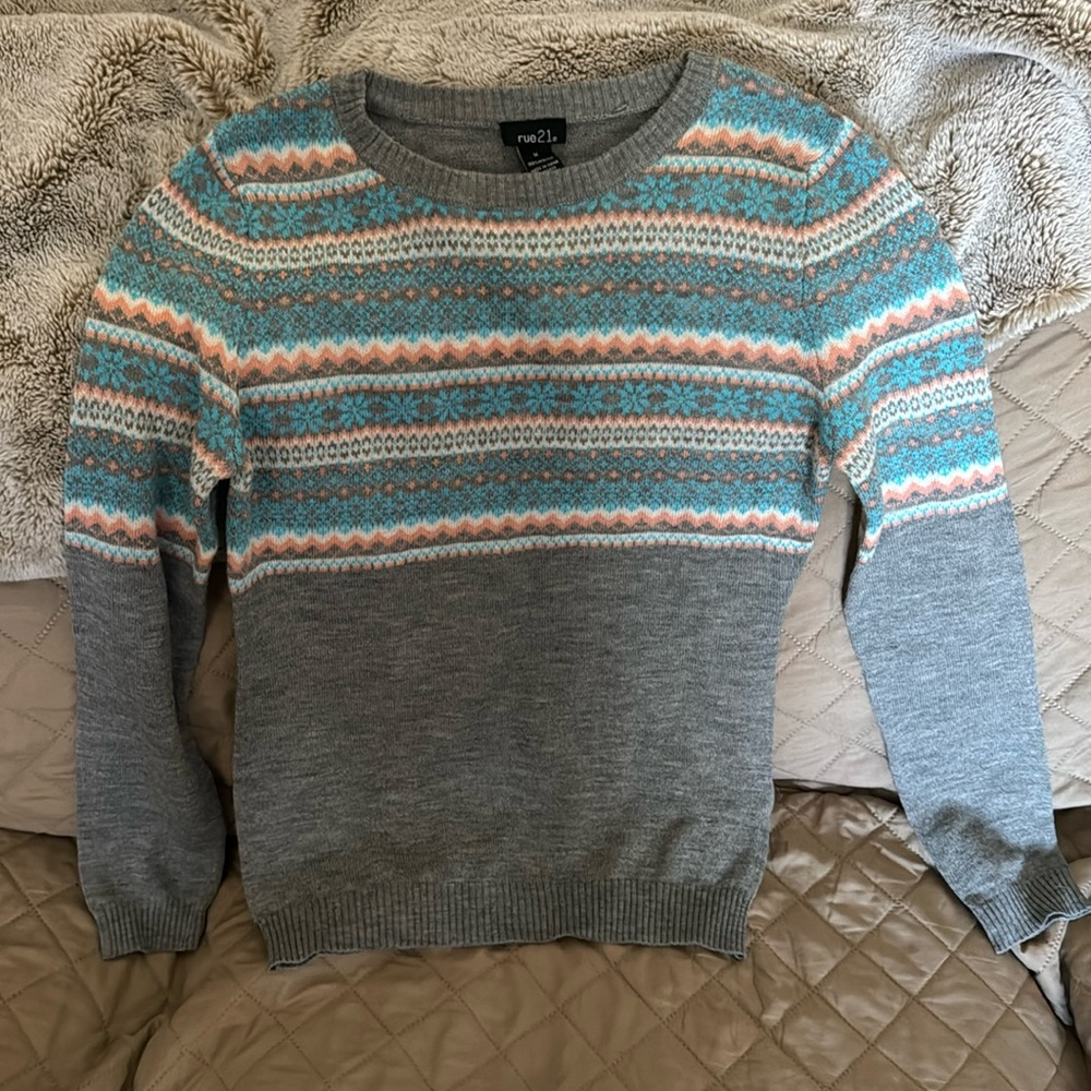 Brand New Never Worn Grey Sweater with Pink and Blue Design on Top
